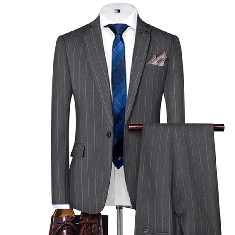 Men Grooming Outfit - Szare/Czarne Garnitury Męskie w Paski Jednorzędowe