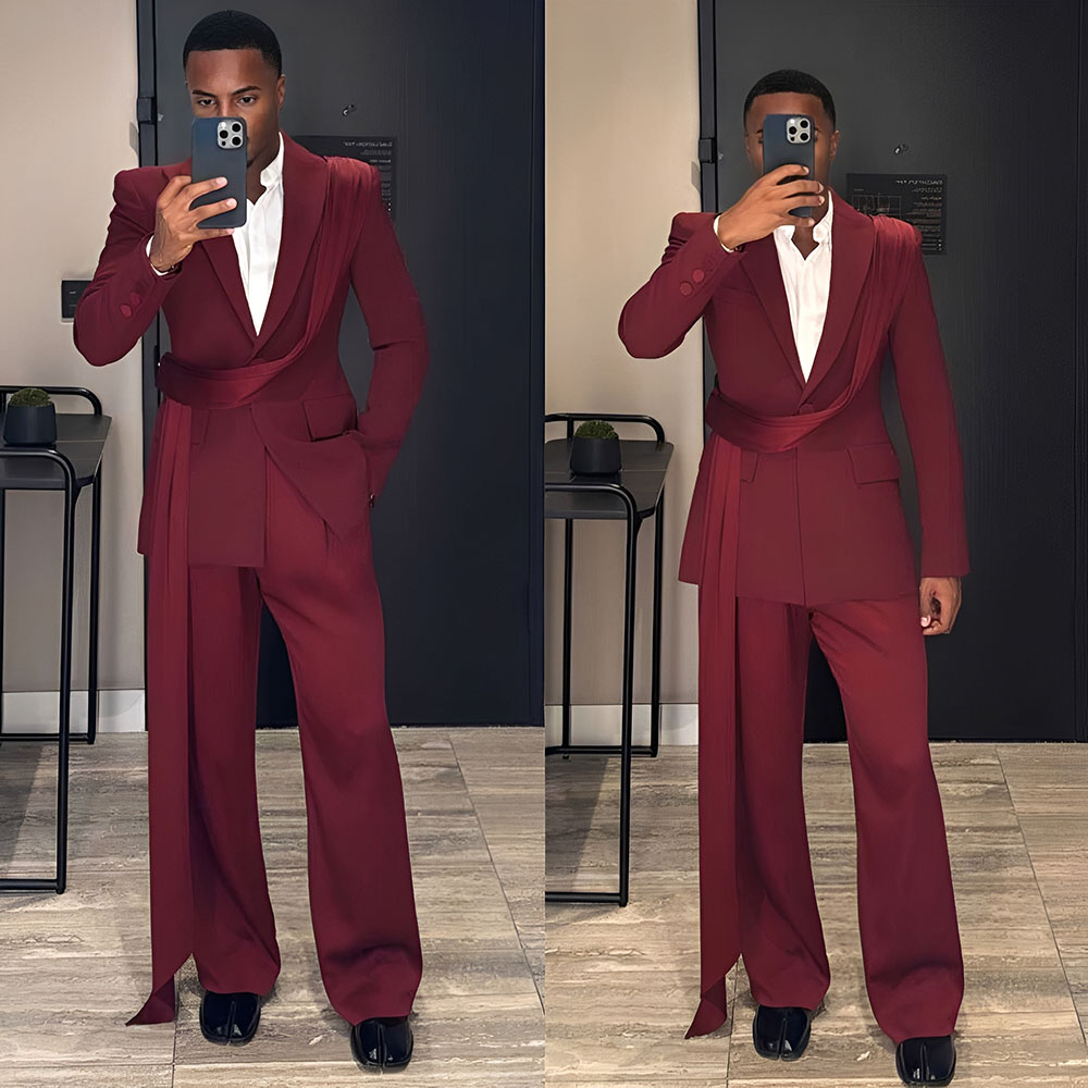 Men Grooming Outfit - Burgundowy Nowy Garnitur Męski 2-częściowy Ślubny